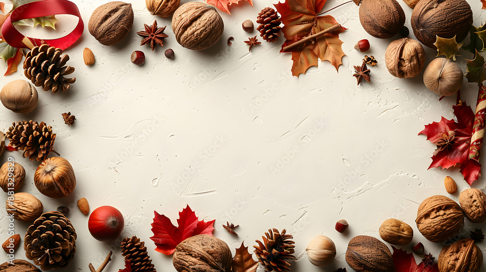 3D Flat Icon Festive Border Frame with Nuts and Foliage for Thanksgiving Design Concept 3D Flat Icon Festive Border Frame with Nuts and Foliage for Thanksgiving Design Concept