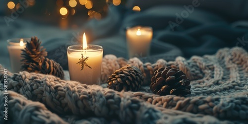 Cozy scene with candle and pine cones on a blanket, ideal for winter or autumn decorations