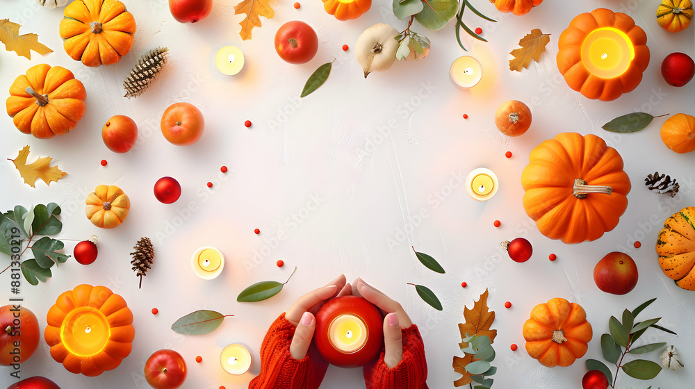 Human Hands Arranging Festive Table with Candles and Pumpkins in 3D Flat Icon Holiday Spirit Concept with Copy Space on Isolated White Background Human Hands Arranging Festive Table with Candles and Pumpkins in 3D Flat Icon Holiday Spirit Concept with Copy Space on Isolated White Background