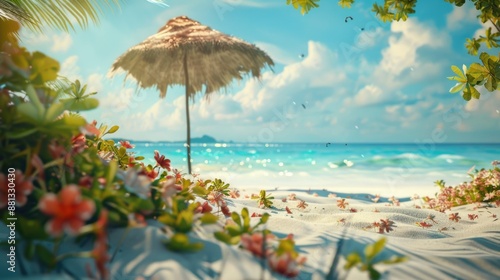 A colorful umbrella sits on a sunny sandy beach next to the ocean, perfect for a relaxing day out