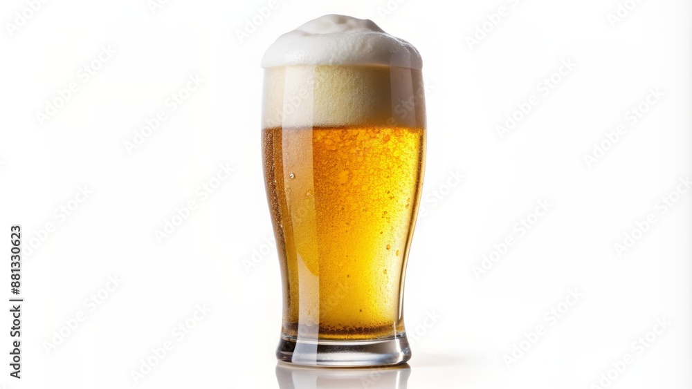 Sparkling glass of refreshing golden-colored beer with a thick cap of creamy white foam isolated on a pure white background. Sparkling glass of refreshing golden-colored beer with a thick cap of creamy white foam isolated on a pure white background.
