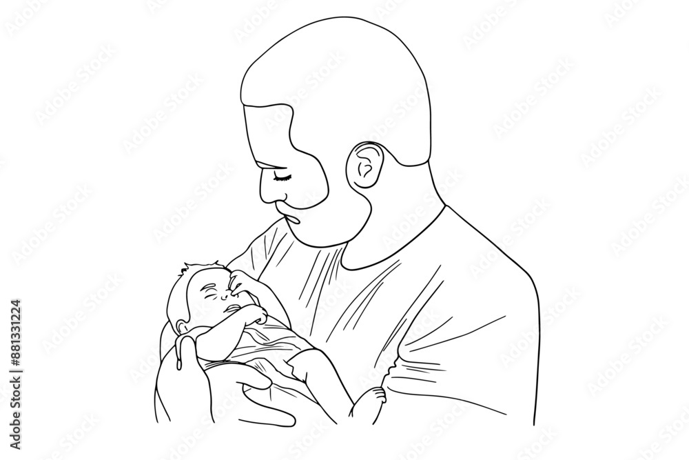 Father hold his newborn baby outline vector illustration. Daddy hold in arms his baby one line simple vector illustration isolated on white background. Happy Fathers Day concept. Father hold his newborn baby outline vector illustration. Daddy hold in arms his baby one line simple vector illustration isolated on white background. Happy Fathers Day concept.