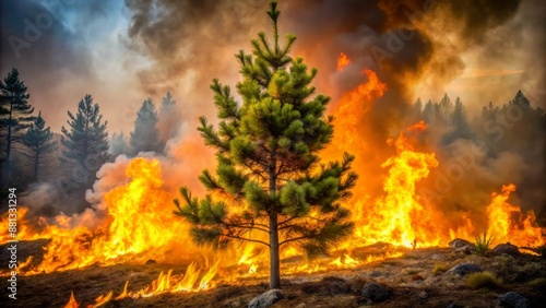 Inferno engulfs juvenile pine tree in towering flames amidst raging forest fire, oranges and yellows dance against dark smoky backdrop.