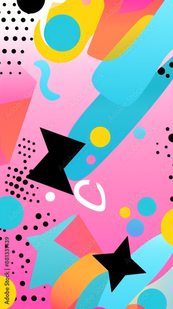 A vibrant pattern featuring colorful geometric shapes, stars, dots, and swirls on a pink background A vibrant pattern featuring colorful geometric shapes, stars, dots, and swirls on a pink background
