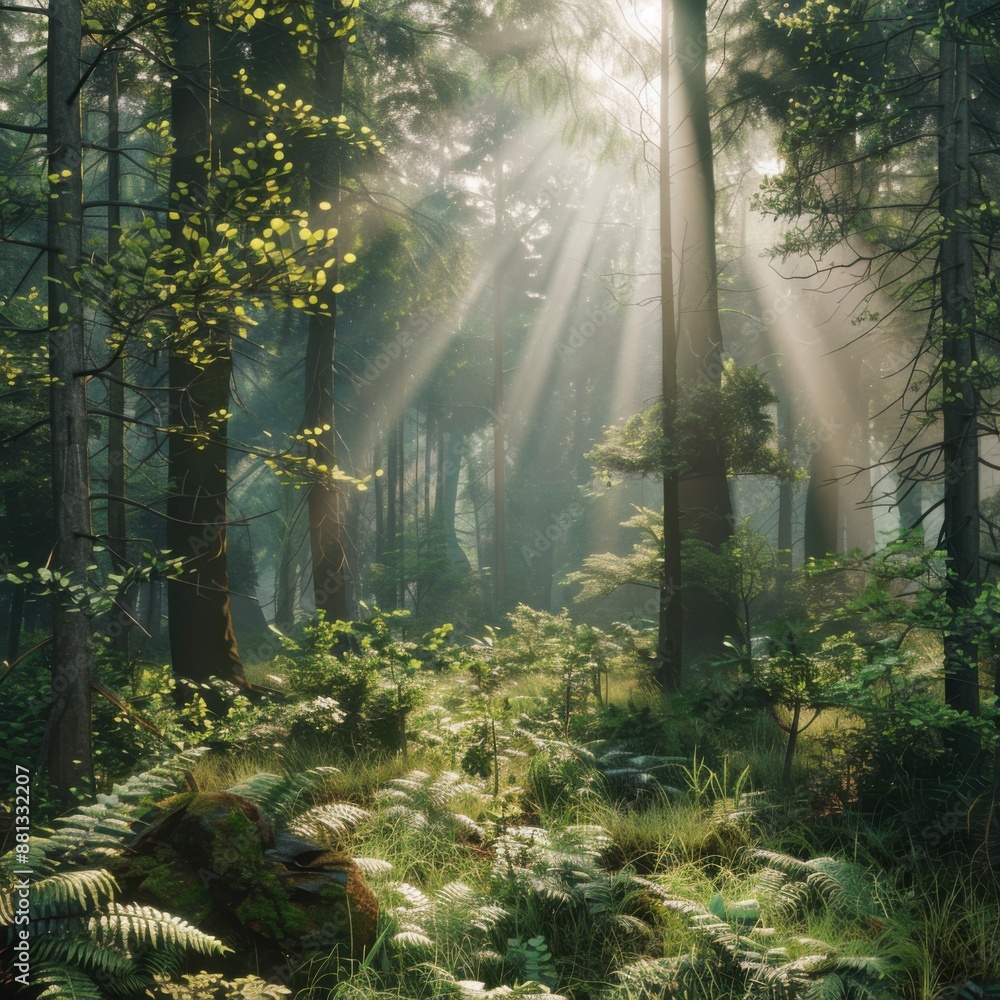 A dense forest with a ray of sunlight piercing through the trees, AI Generated A dense forest with a ray of sunlight piercing through the trees, AI Generated