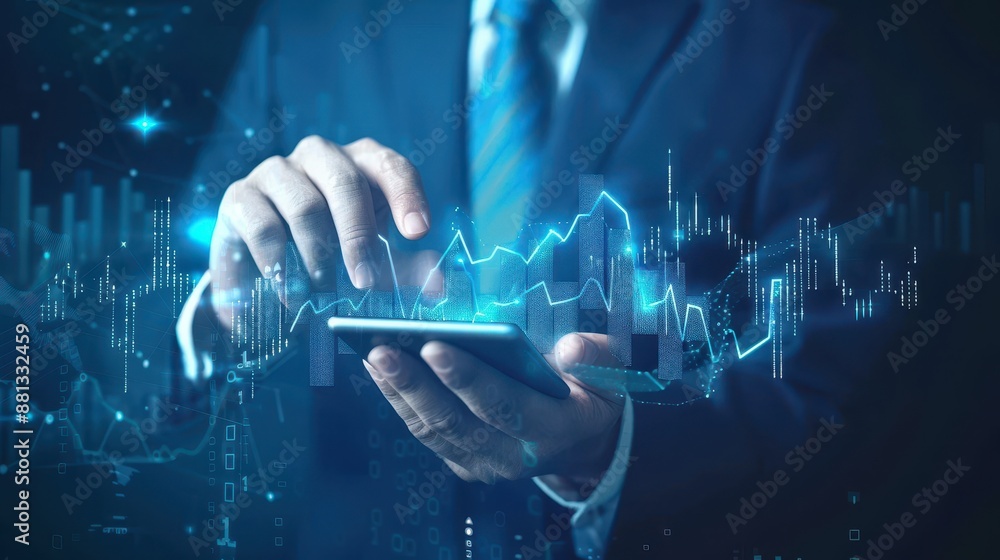 Graphs and market data on electronic device screens. Graphs and market data on electronic device screens.