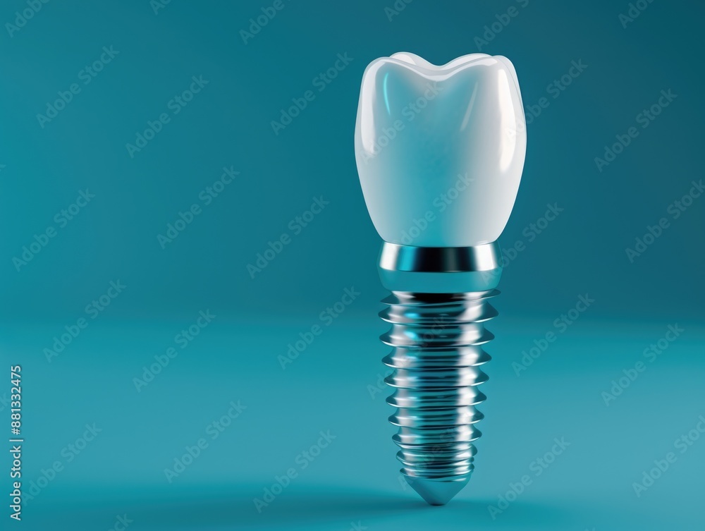 Dental implant with a tooth on a blue background for medical or educational purposes Dental implant with a tooth on a blue background for medical or educational purposes