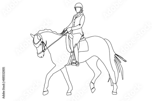 One single line drawing of young female horse rider  vector illustration. Elegant horse performing vector graphic illustration. Equestrian sport show competition concept. 