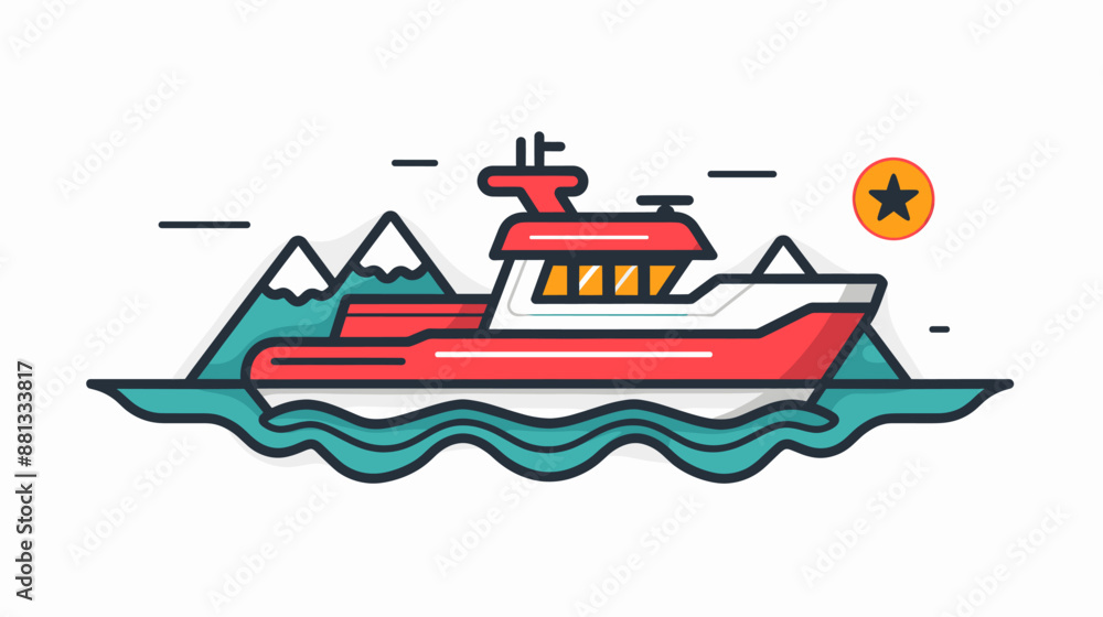 Minimalist boat illustration with snow-capped mountains, blue waves, red vessel, bright sun, clean design, nautical theme, vector art, high-quality print, modern style, simple and colorful Minimalist boat illustration with snow-capped mountains, blue waves, red vessel, bright sun, clean design, nautical theme, vector art, high-quality print, modern style, simple and colorful