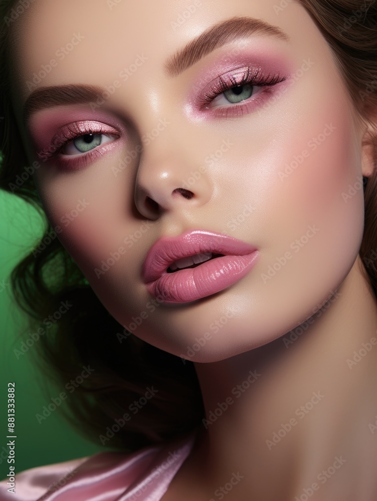 A close-up shot of a woman's face with pink makeup and bold features A close-up shot of a woman's face with pink makeup and bold features
