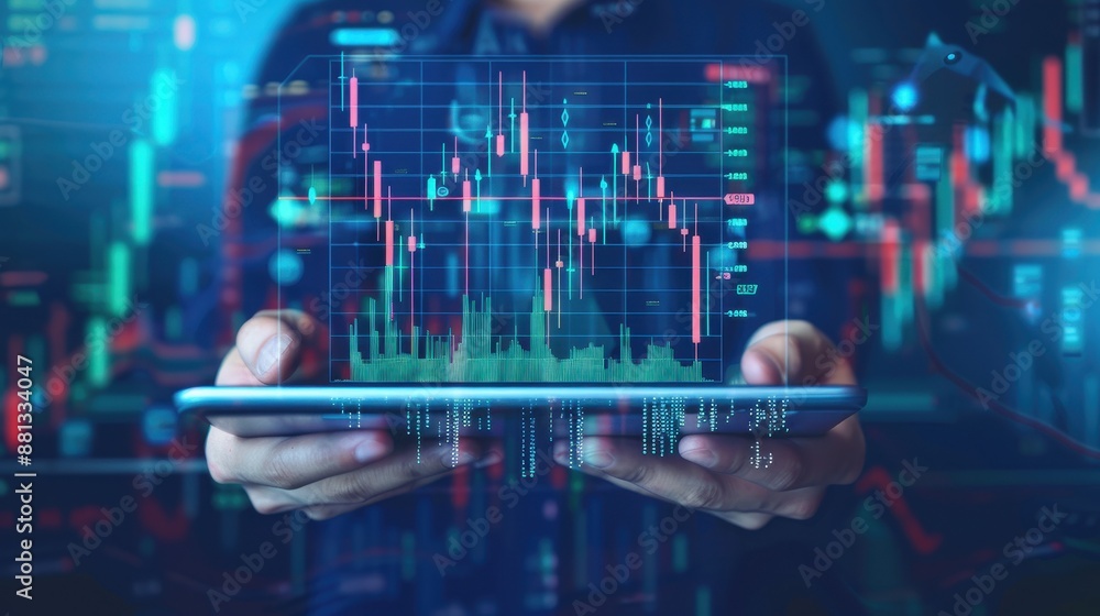 In a dark, futuristic setting, financial and stock market data are projected on a tablet screen. In a dark, futuristic setting, financial and stock market data are projected on a tablet screen.