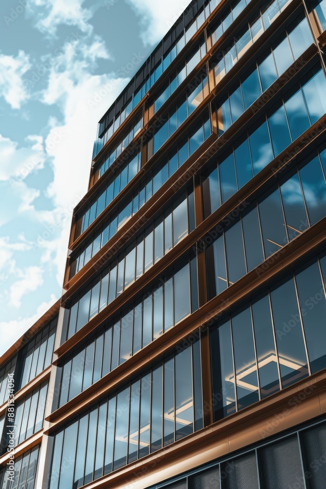 High-rise structure with numerous windows against blue sky backdrop High-rise structure with numerous windows against blue sky backdrop