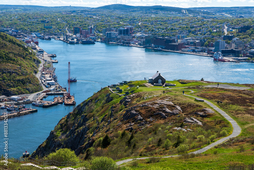Aerial view from Signal Hill across Gibbet Hill with the Queen's Battery Barracks and the Narrows into St John's Harbour
