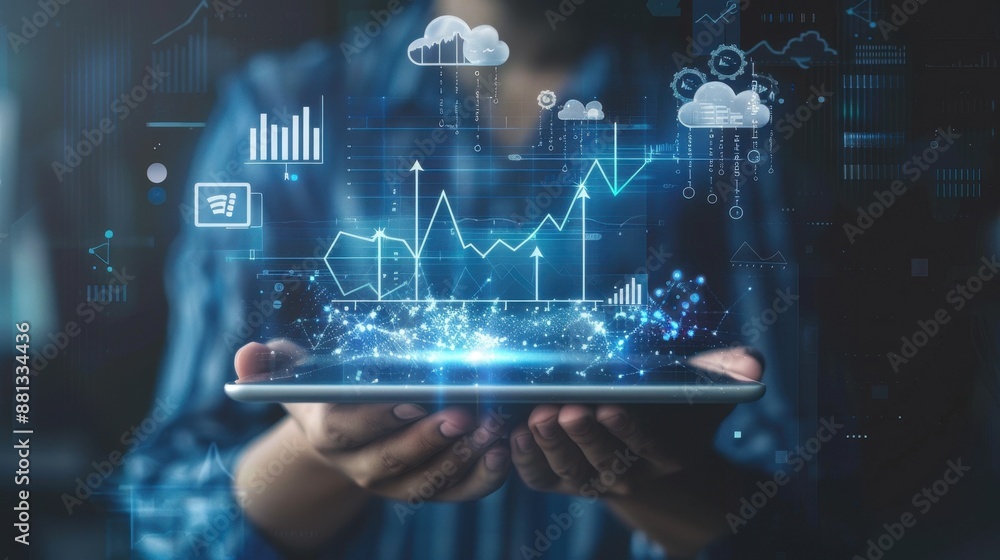 This image depicts financial technology with sophisticated data visualization on a tablet screen This image depicts financial technology with sophisticated data visualization on a tablet screen