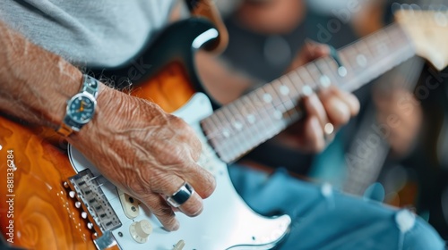 A close-up image showing the aged hands of a musician playing an electric guitar, emphasizing the texture, skill, and passion of the performer, with a hint of a setting reminiscent of musical dedicat photo