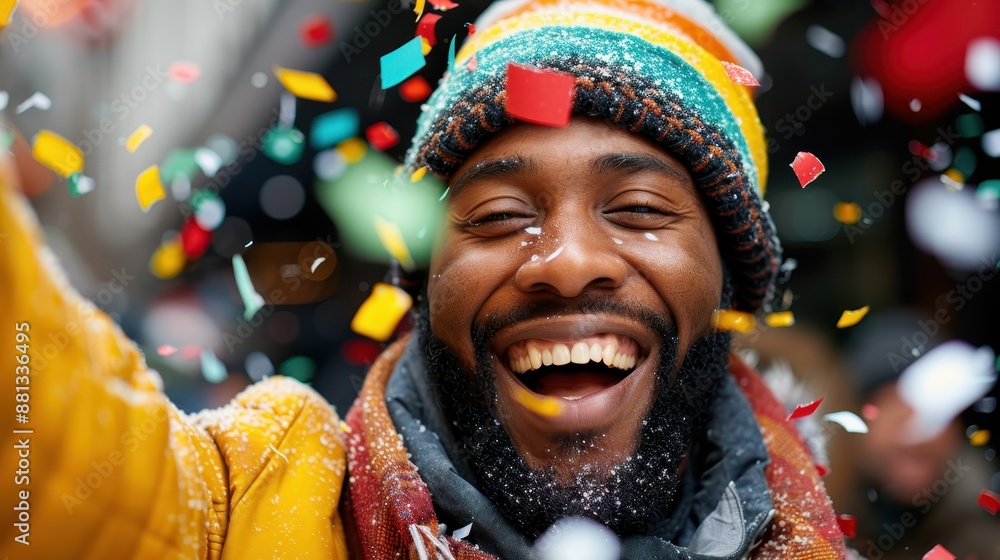 A bearded man with a big smile celebrates joyfully amidst falling confetti, wearing a colorful winter hat and a yellow coat in a city street during a festive event. A bearded man with a big smile celebrates joyfully amidst falling confetti, wearing a colorful winter hat and a yellow coat in a city street during a festive event.