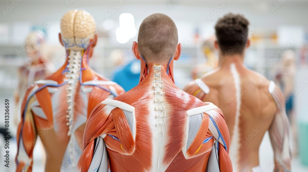 A detailed rear view image presenting the muscular anatomy of the human ...