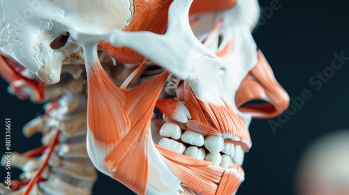 A close-up image of an anatomical skull model focusing on the facial muscles, providing a detailed insight into the human facial structure for educational and medical reference.