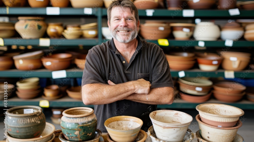 A cheerful potter stands proudly before an array of ceramic bowls in a pottery store, showcasing his craft, surrounded by shelves of various pottery items and tools. A cheerful potter stands proudly before an array of ceramic bowls in a pottery store, showcasing his craft, surrounded by shelves of various pottery items and tools.