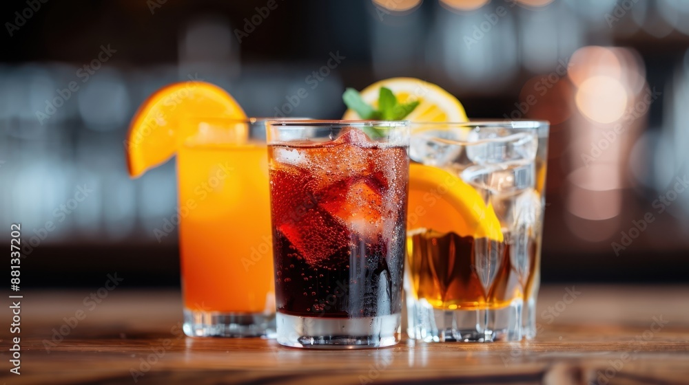 A trio of vibrant beverages served in transparent glasses, each garnished with a fresh citrus slice, displayed on a wooden table against a blurred bar background. A trio of vibrant beverages served in transparent glasses, each garnished with a fresh citrus slice, displayed on a wooden table against a blurred bar background.