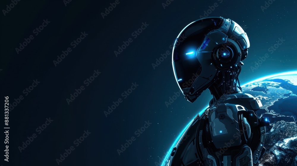 A robot with a modern design and blue glowing eyes watches over Earth from space. Gives the impression of an advanced technological guard. A robot with a modern design and blue glowing eyes watches over Earth from space. Gives the impression of an advanced technological guard.
