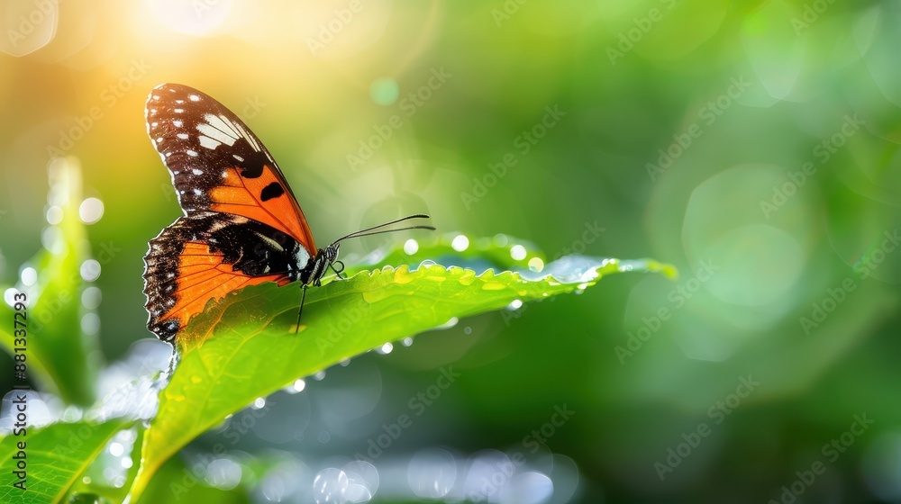 This vibrant butterfly, flaunting rich orange and black hues, rests on a dew-kissed leaf bathed in warm sunlight, beautifully showcasing nature’s vivid palette and morning serenity. This vibrant butterfly, flaunting rich orange and black hues, rests on a dew-kissed leaf bathed in warm sunlight, beautifully showcasing nature’s vivid palette and morning serenity.