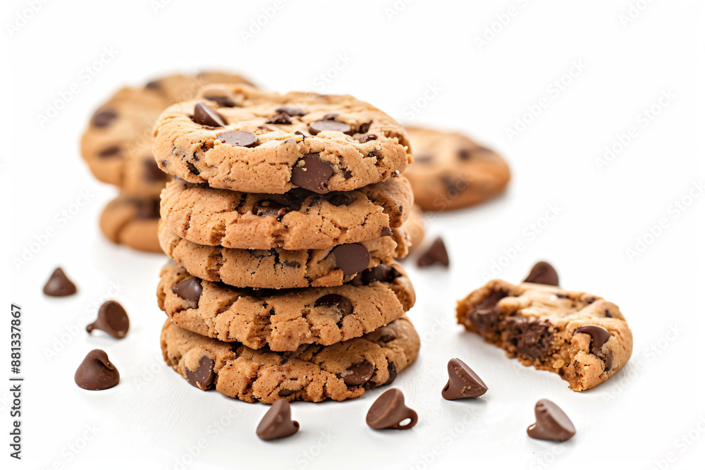 a stack of chocolate chip cookies with a bite taken out of one a stack of chocolate chip cookies with a bite taken out of one