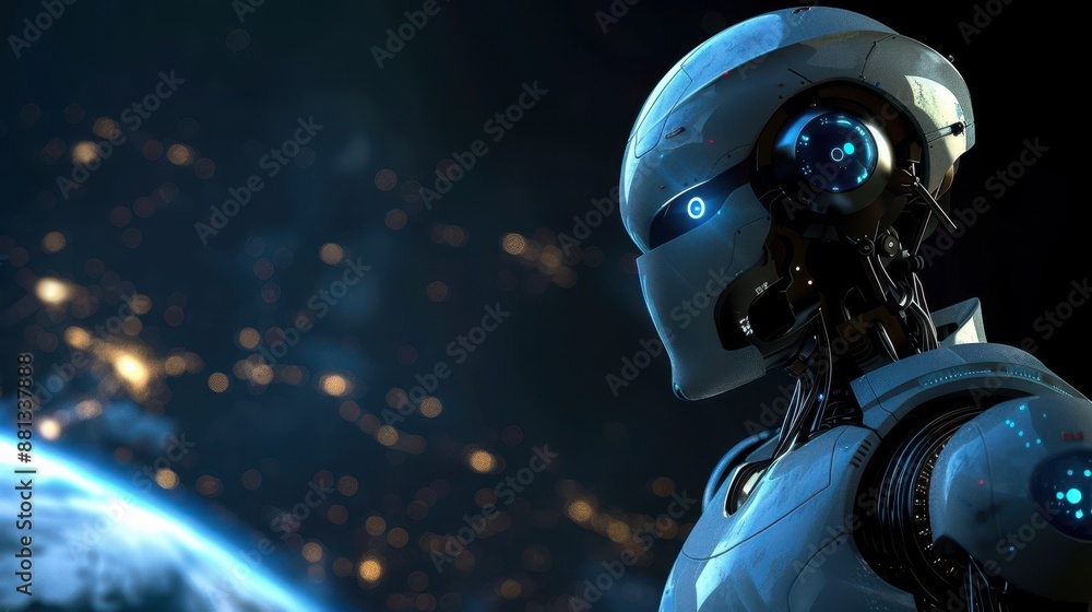 Futuristic robot with bright blue light in the eyes, standing against a beautiful earth background from space. Futuristic robot with bright blue light in the eyes, standing against a beautiful earth background from space.