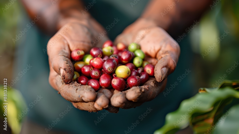 Close-up of hands holding freshly picked coffee cherries, showcasing the vibrant red and green colors of the fruit, a symbol of agriculture and hands-on labor. Close-up of hands holding freshly picked coffee cherries, showcasing the vibrant red and green colors of the fruit, a symbol of agriculture and hands-on labor.