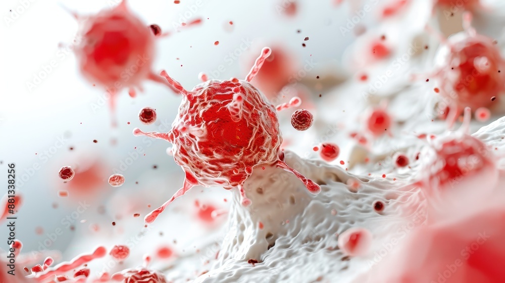 A close-up image of red microscopic cells with spiky textures set against a white background, symbolizing scientific research and the microscopic world of biology. A close-up image of red microscopic cells with spiky textures set against a white background, symbolizing scientific research and the microscopic world of biology.