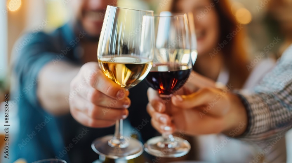 This image shows a close-up of a group of friends raising glasses of red and white wine in a celebratory toast, highlighting the social bonding experience. This image shows a close-up of a group of friends raising glasses of red and white wine in a celebratory toast, highlighting the social bonding experience.