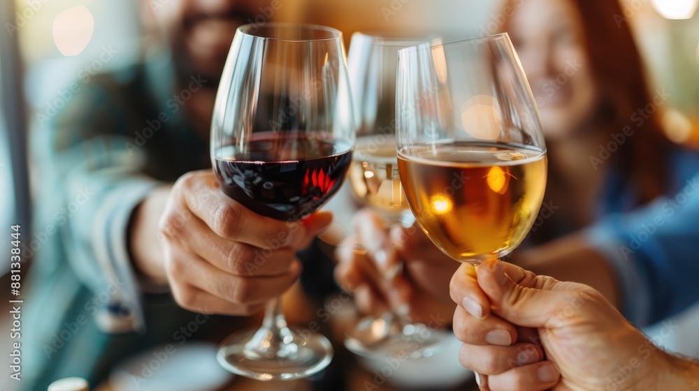 A close-up shot of hands holding glasses of red and white wine, raised in a celebratory toast amidst a festive gathering of friends, indicating joy and togetherness. A close-up shot of hands holding glasses of red and white wine, raised in a celebratory toast amidst a festive gathering of friends, indicating joy and togetherness.