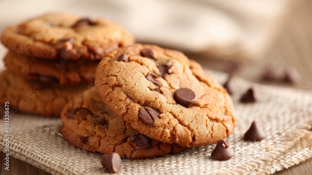 Several delicious chocolate chip cookies laid out on a rustic burlap surface, featuring a cozy, homemade ambiance with their rich, gooey chocolate chips. Several delicious chocolate chip cookies laid out on a rustic burlap surface, featuring a cozy, homemade ambiance with their rich, gooey chocolate chips.