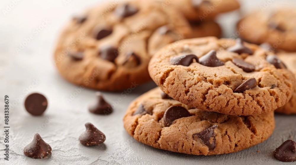 A detailed close-up shot of several delicious chocolate chip cookies, featuring gooey chocolate chips and a beautiful, rustic texture on a clean, white surface. A detailed close-up shot of several delicious chocolate chip cookies, featuring gooey chocolate chips and a beautiful, rustic texture on a clean, white surface.
