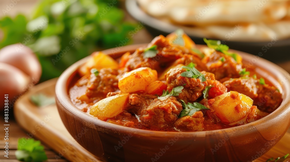 A rich and hearty stew served in a rustic wooden bowl, featuring succulent meat pieces and vegetables, garnished with herbs, evoking warmth and comfort. A rich and hearty stew served in a rustic wooden bowl, featuring succulent meat pieces and vegetables, garnished with herbs, evoking warmth and comfort.