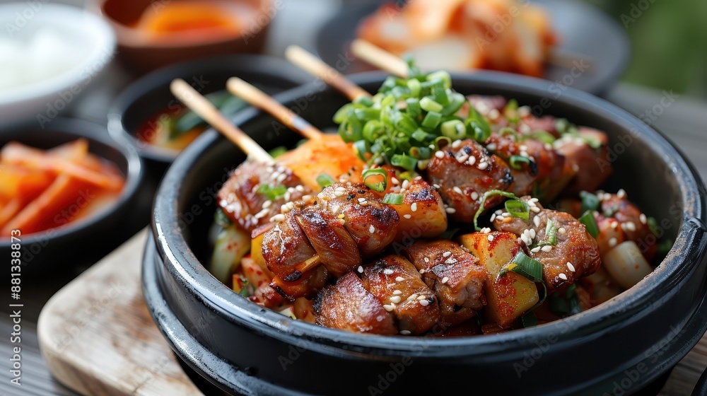 A tempting bowl of grilled meat skewers and vegetables, garnished with fresh green herbs and sesame seeds, beautifully presented, epitomizing culinary excellence. A tempting bowl of grilled meat skewers and vegetables, garnished with fresh green herbs and sesame seeds, beautifully presented, epitomizing culinary excellence.