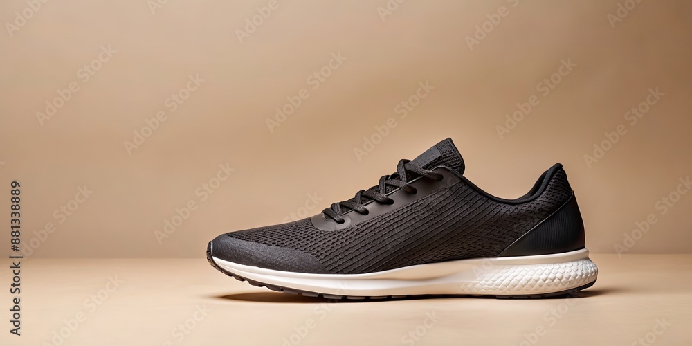 of black sports sneaker on a neutral beige background, sports, sneaker, black,shoe, active, athletic, fashion, footwear of black sports sneaker on a neutral beige background, sports, sneaker, black,shoe, active, athletic, fashion, footwear