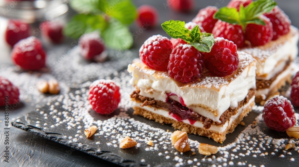 A deliciously layered dessert featuring squares of creamy filling, raspberries, and mint leaves, delicately presented and dusted with powdered sugar for an elegant touch. A deliciously layered dessert featuring squares of creamy filling, raspberries, and mint leaves, delicately presented and dusted with powdered sugar for an elegant touch.