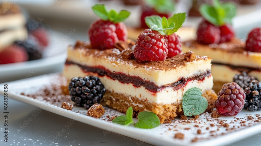 A multi-layered dessert bar featuring creamy layers, fruit filling, and a topping of fresh raspberries and blackberries garnished with mint leaves and dusted with powdered sugar. A multi-layered dessert bar featuring creamy layers, fruit filling, and a topping of fresh raspberries and blackberries garnished with mint leaves and dusted with powdered sugar.
