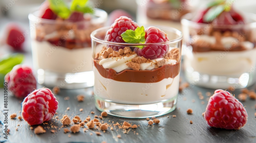 A delectable layered dessert served in individual glass cups, topped with fresh raspberries and garnished with mint leaves, showcasing a visually appealing presentation. A delectable layered dessert served in individual glass cups, topped with fresh raspberries and garnished with mint leaves, showcasing a visually appealing presentation.