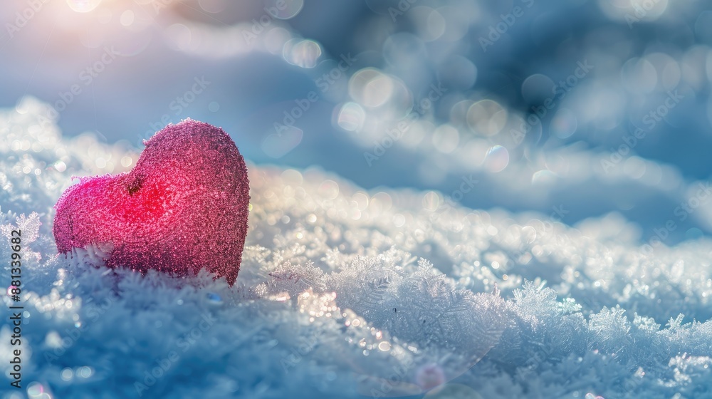 Fototapeta premium Valentine s Day web banner with shiny pink heart on white snow Outdoor background with copy space