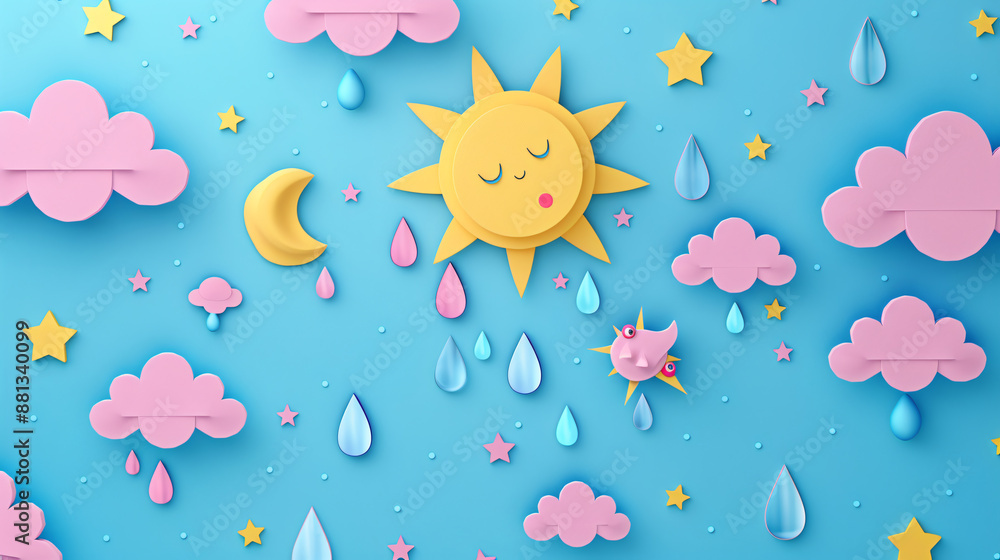 3D cartoon weather elements in paper cut style on cute background 3D cartoon weather elements in paper cut style on cute background