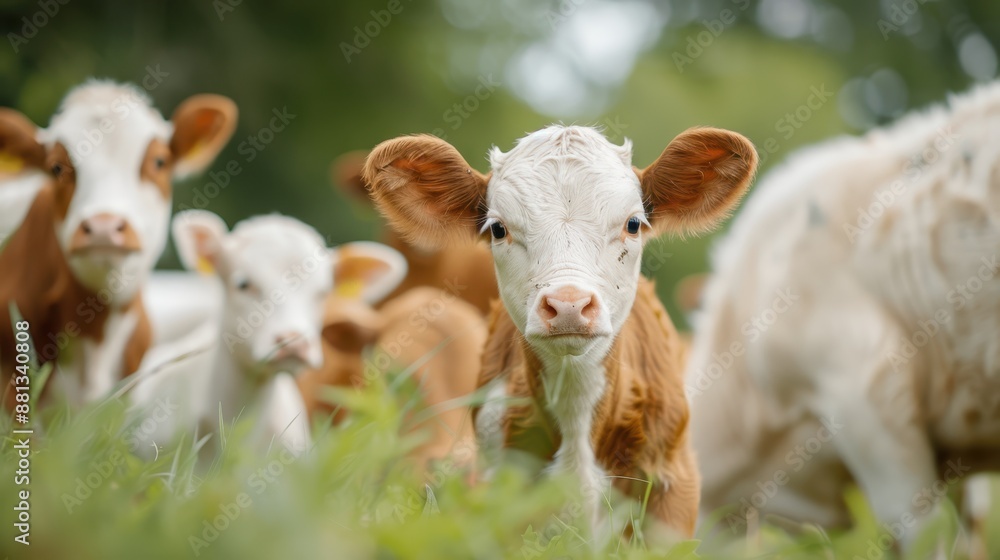 A calf stands curiously in a grassy field surrounded by other calves, portraying youthful curiosity, innocence, and the natural beauty of farm life in picturesque surroundings. A calf stands curiously in a grassy field surrounded by other calves, portraying youthful curiosity, innocence, and the natural beauty of farm life in picturesque surroundings.