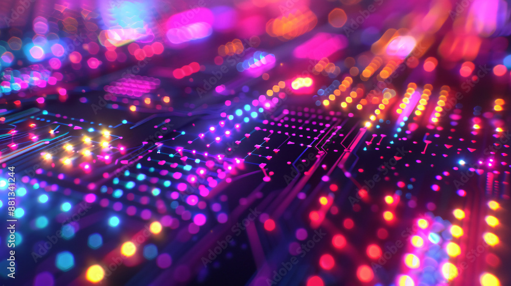 Colorful glowing lights on electronic board with digital data flow Colorful glowing lights on electronic board with digital data flow