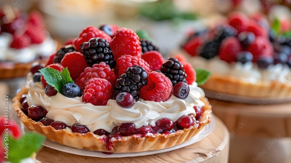 A scrumptious tart adorned with an assortment of fresh berries and whipped cream, beautifully presented and ready to indulge in as a dessert or a sweet treat. A scrumptious tart adorned with an assortment of fresh berries and whipped cream, beautifully presented and ready to indulge in as a dessert or a sweet treat.