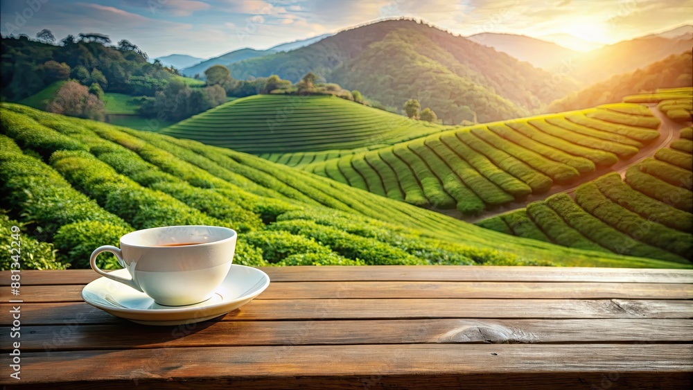 Tea cup on a wooden table overlooking a lush tea plantation , tea, cup, wooden table, plantation, view, drink, hot, beverage Tea cup on a wooden table overlooking a lush tea plantation , tea, cup, wooden table, plantation, view, drink, hot, beverage