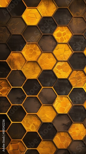 A close-up of a honeycomb pattern with alternating gold and brown hexagons