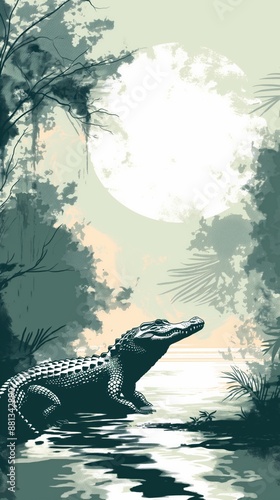 Solitary Alligator in Moonlight Glowing Swamp Landscape Digital Art photo