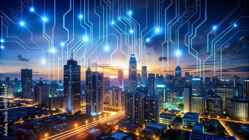 Wallpaper Mural A futuristic robot arm hovering above a futuristic cityscape surrounded by coding screens and circuits, symbolizing innovation and progress. Torontodigital.ca