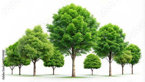 Seven vibrant green trees with varying shapes and sizes stand alone on a pure white background, evoking serenity and calmness. photo